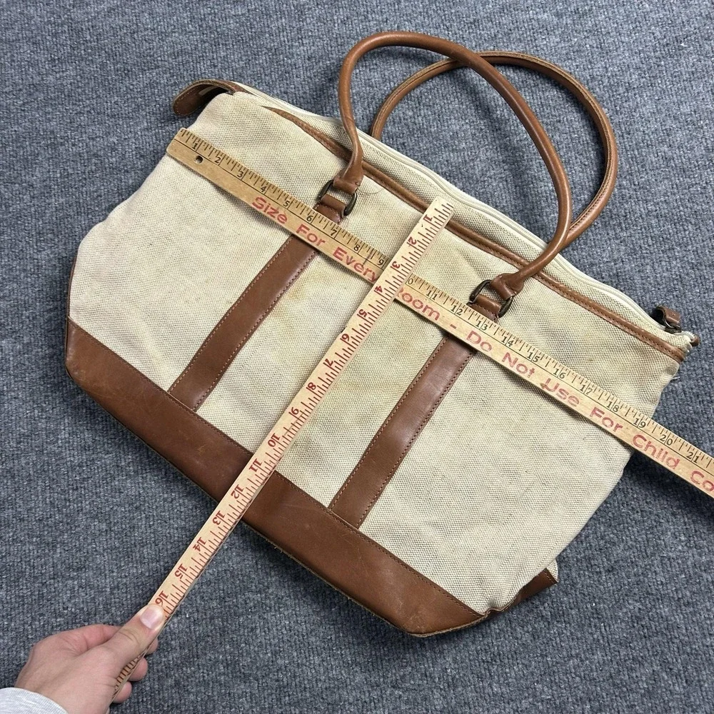 LL Bean Beige 23in Canvas Mens Tote Bag Leather Trim Travel Weekend Work